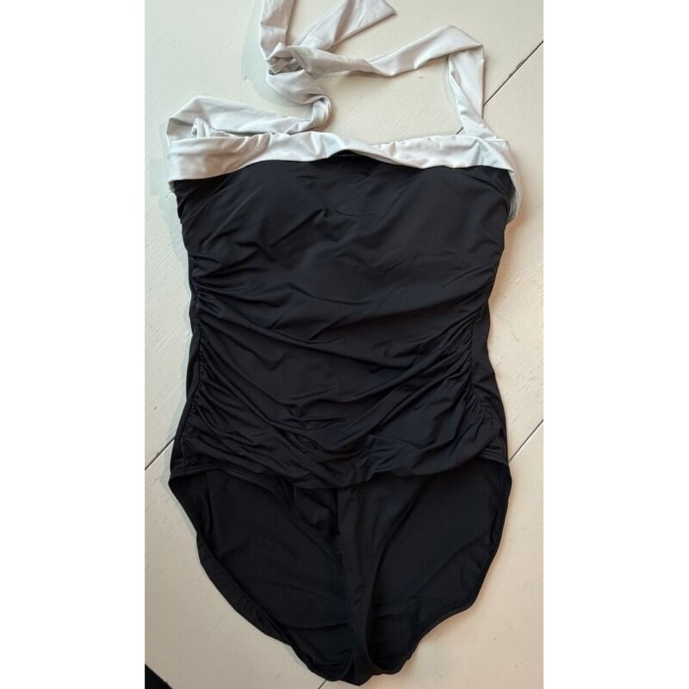 Lauren Ralph Lauren Black White Halterneck Ruched Side One Piece Swimsuit 12